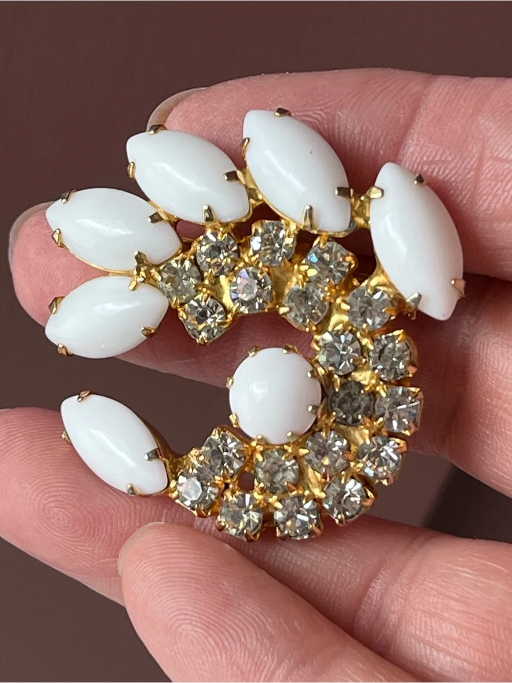 Vintage Milk Glass Rhinestone Crescent Brooch White Gold Tone MCM
